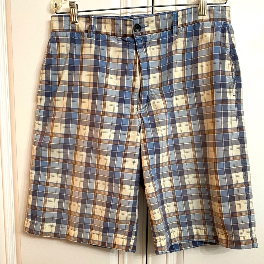 Banana Republic Factory Men’s Size 34 Cotton Blue and Tan Plaid Shorts 4 Pockets